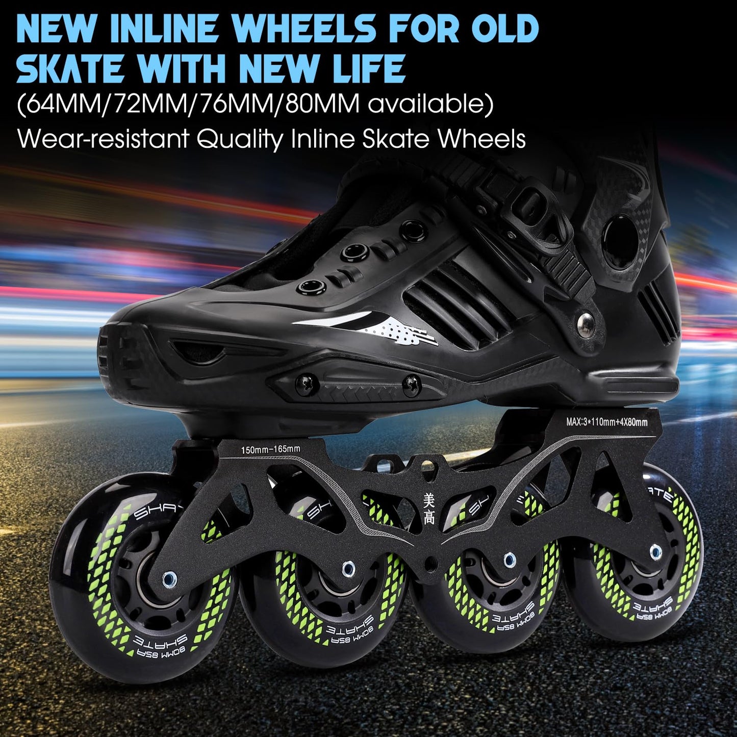 8 Pack Inline Skate Wheels 72mm, 76mm, 80mm - ABEC9 Bearing - 85A Durometer PU - Compatible with Rollerblade, Roller Derby, K2 Skate (A Black/80MM)