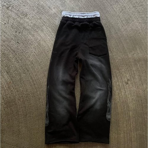 Double Waisted Sweatpants Men Y2k Graphic Embroider Y2k Sweatpants Men Graffiti Streetwear Wide Leg Boxer Sweat Pants（Grey，Medium）
