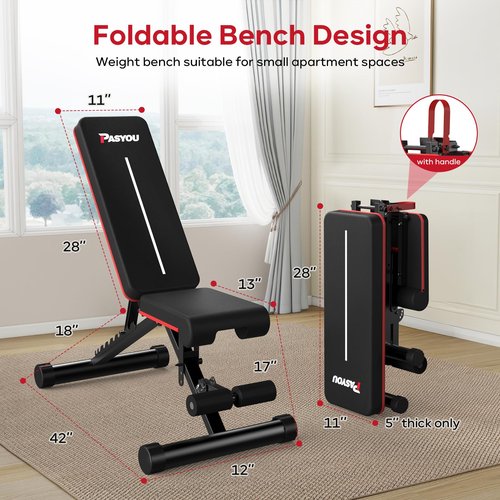 PASYOU Adjustable Foldable Weight Bench for Home Gym with 660LBS, Workout Bench for Incline Decline Flat Bench Press, Full Body Strength Training, Ideal for Small Space Apartment