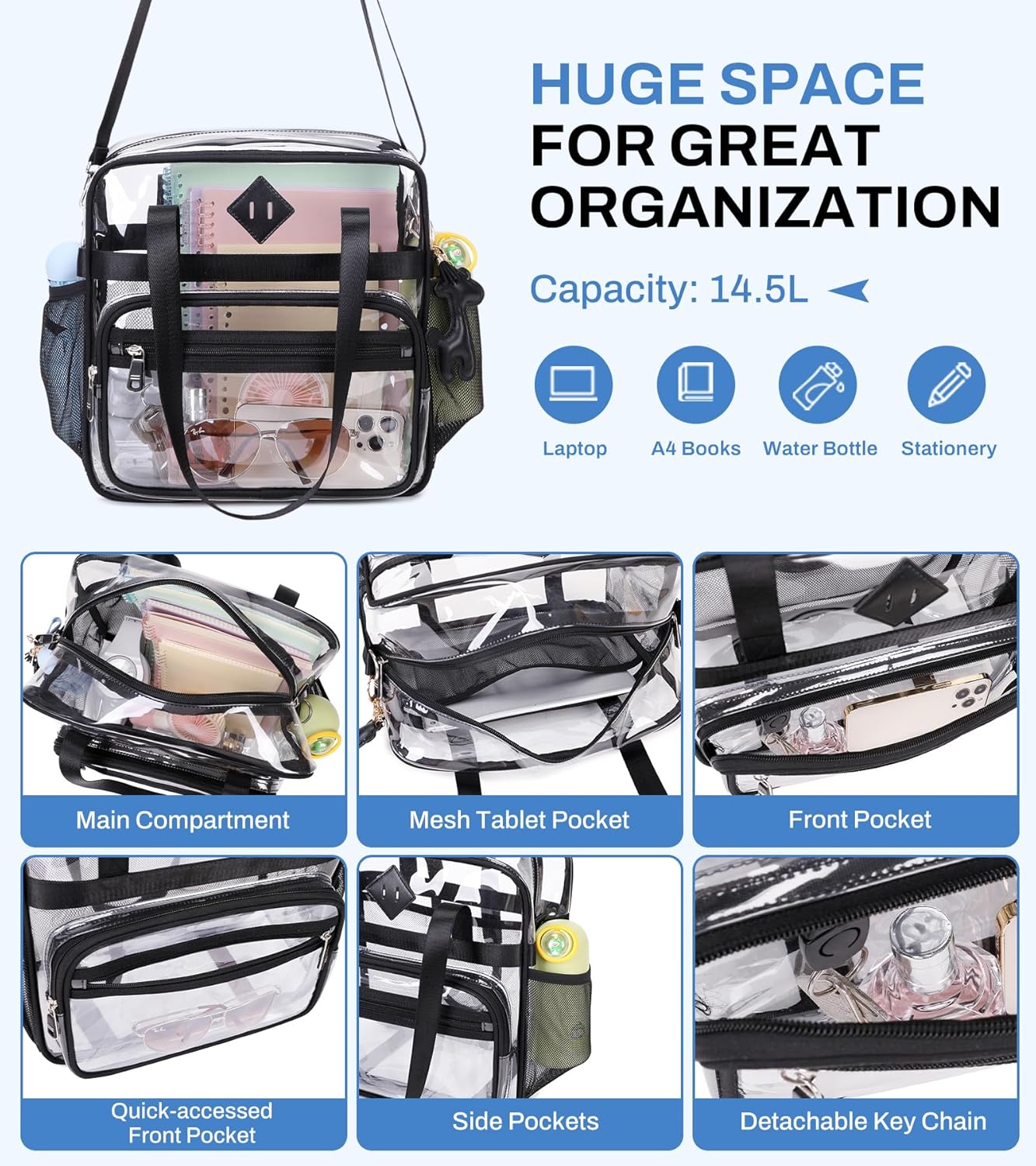 PIG PIG GIRL Clear Tote Bag - 12x6x12 Transparent Stadium Event Bag for Women