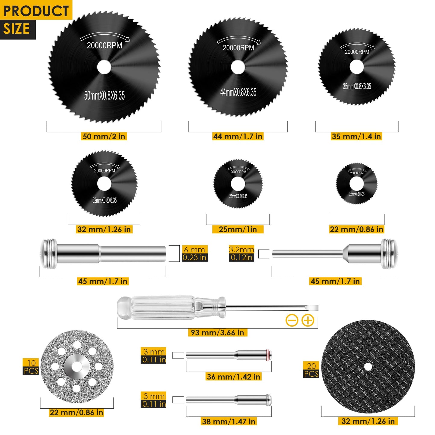 44pcs Black Cutting Wheel Set Compatible with Plastic for Rotary Tool, HSS Circular Saw Blades 6pcs, Resin Cutting Discs 20pcs, 545 Diamond Cutting Wheels 10pcs