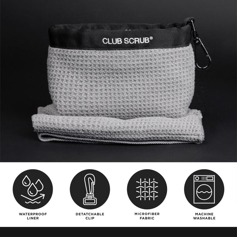 Club Scrub Towel Pro, Golf Club and Ball Cleaning Pouch with Attached Towel, Waterproof Exterior, Clean Face Technology Liner, Machine Washable, Cleans Club Grooves, Waffle-Weave Microfiber (Gray)