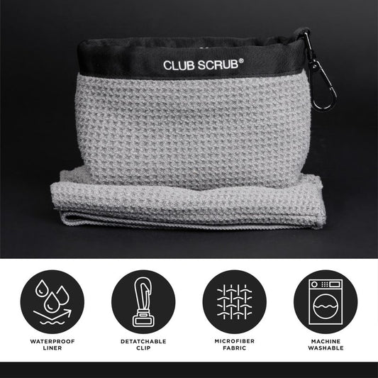 Club Scrub Towel Pro, Golf Club and Ball Cleaning Pouch with Attached Towel, Waterproof Exterior, Clean Face Technology Liner, Machine Washable, Cleans Club Grooves, Waffle-Weave Microfiber (Gray)