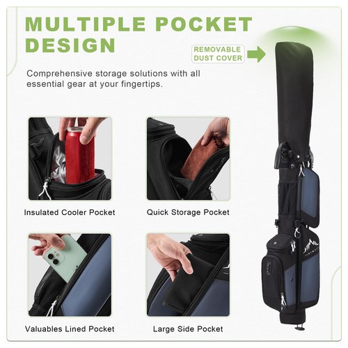 UNIHIMAL Sunday Golf Bag with Stand, 3.2 Lbs Lightweight Pitch and Putt Carry Bag with Cooler Pocket, Portable Driving Range Club Case for Men Women, Fits 5-6 Clubs, 31.5 Inch, Dark Black
