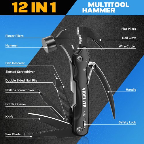 Gifts for Men, 12 in 1 Multitool Hammer for Camping, Hunting, Hiking, Birthday Gifts for Men, Dad, Him, Husband, Boyfriend, Women, Mens Gift from Daughter, Wife, Son, Black