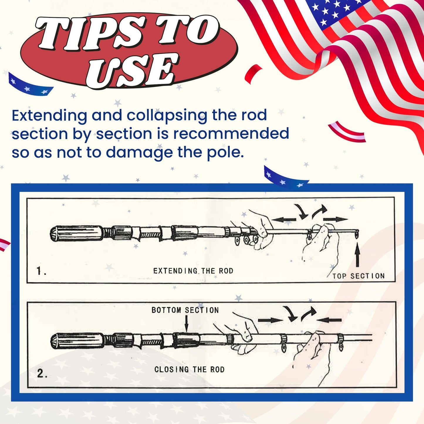 WIDDEN Kids Fishing Pole - Portable Telescopic Fishing Rod Set with Spincast Reel, Net, Bucket and Tackle Box - Patriotic American Flag Fishing Gear for Boys Girls Youth - 4th of July Gift