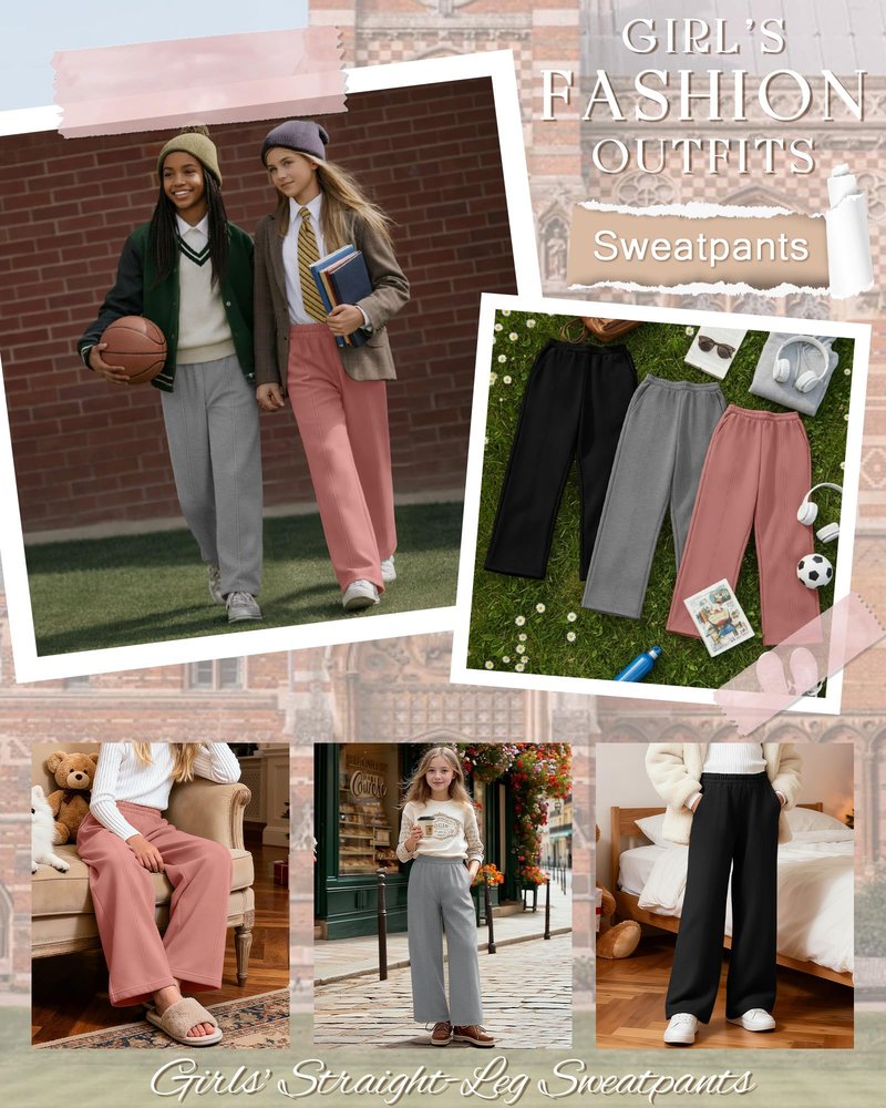 LessonZoo 3 Pack Girls Sweatpants Teen Front Seam Straight Leg Pants Kids Open Bottom Wide Leg Loose Joggers with Pockets(Black, Gray, Pink,11-12 Years)