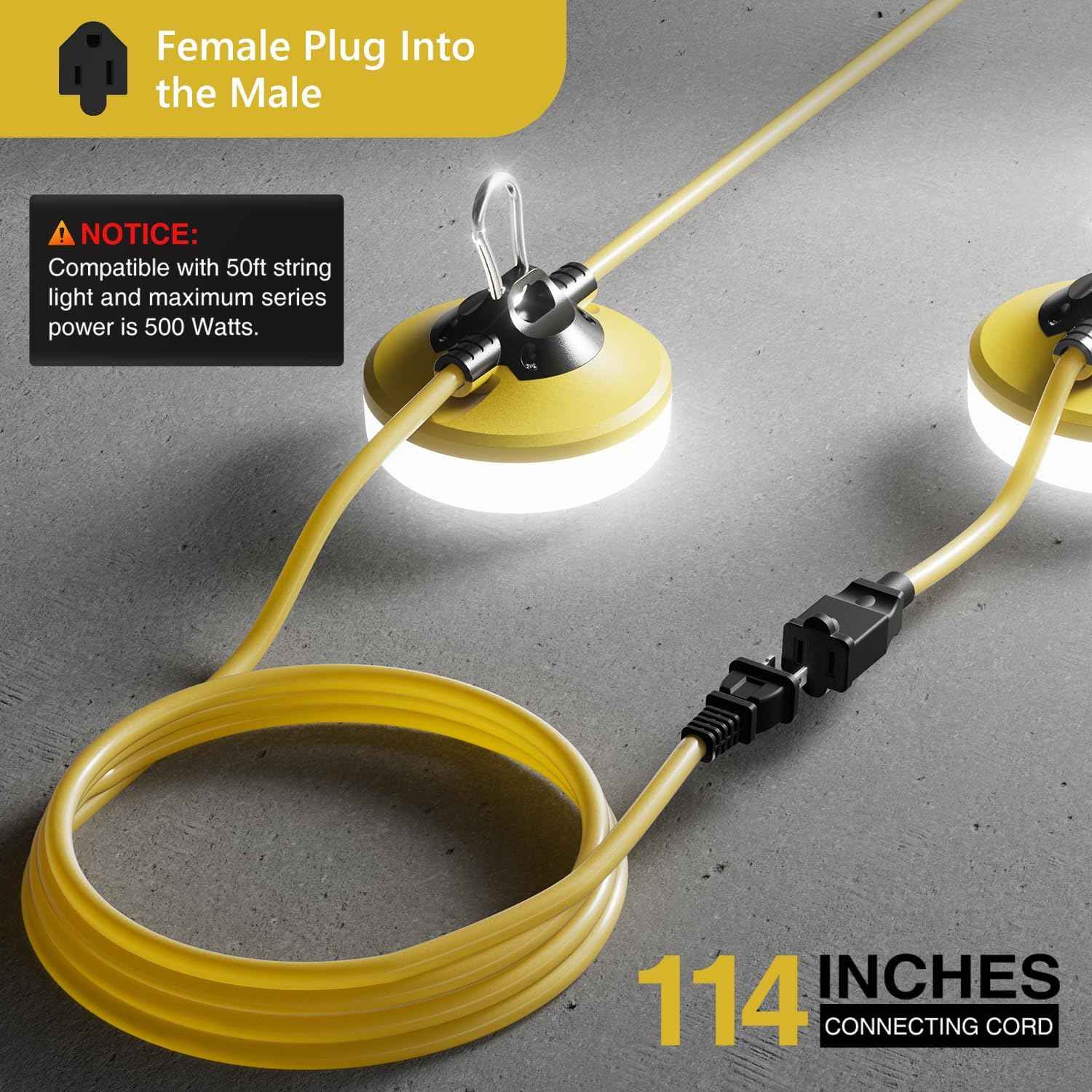 50FT LED Construction String Lights - 5000LM Daylight, IP65 Waterproof, 50W Temporary Work Lighting for Indoor/Outdoor Use