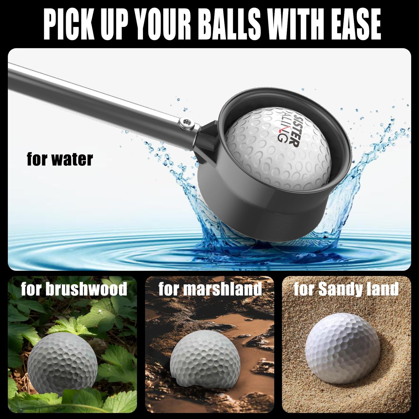 SisterAling 9ft/12ft Water Telescopic Golf Ball Retriever,Classic and Durable Stainless Steel Pick-Up Upper Grabber Tool,The Best Accessory Gift for Men and Women Golfers.(Black, 9Ft)