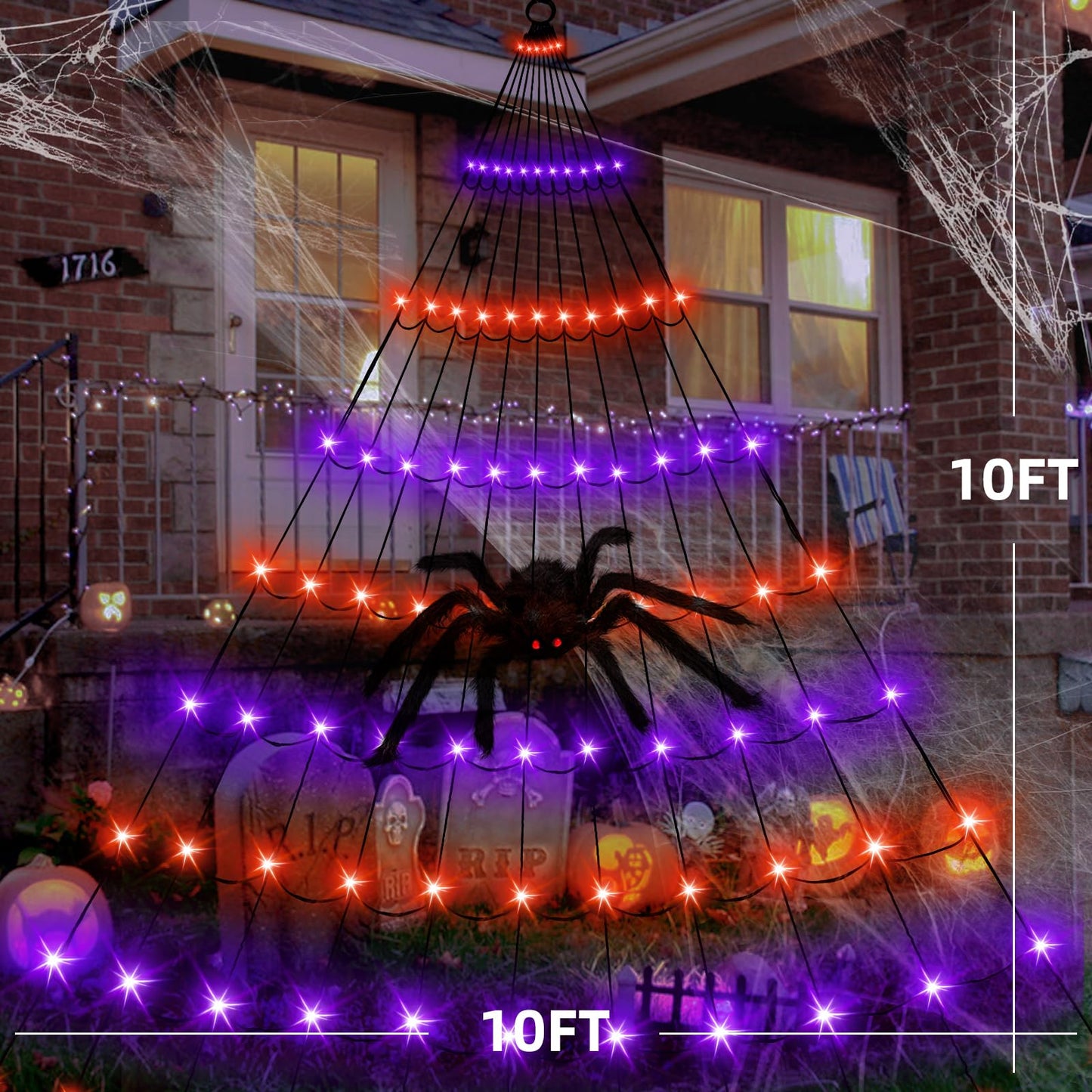 Anycosy Halloween Lights Decoration, 10 FT×10 FT 110 LED Spider Web with Remote Control and Timer, Orange and Purple Halloween Light Outdoor 8 Modes for Decor