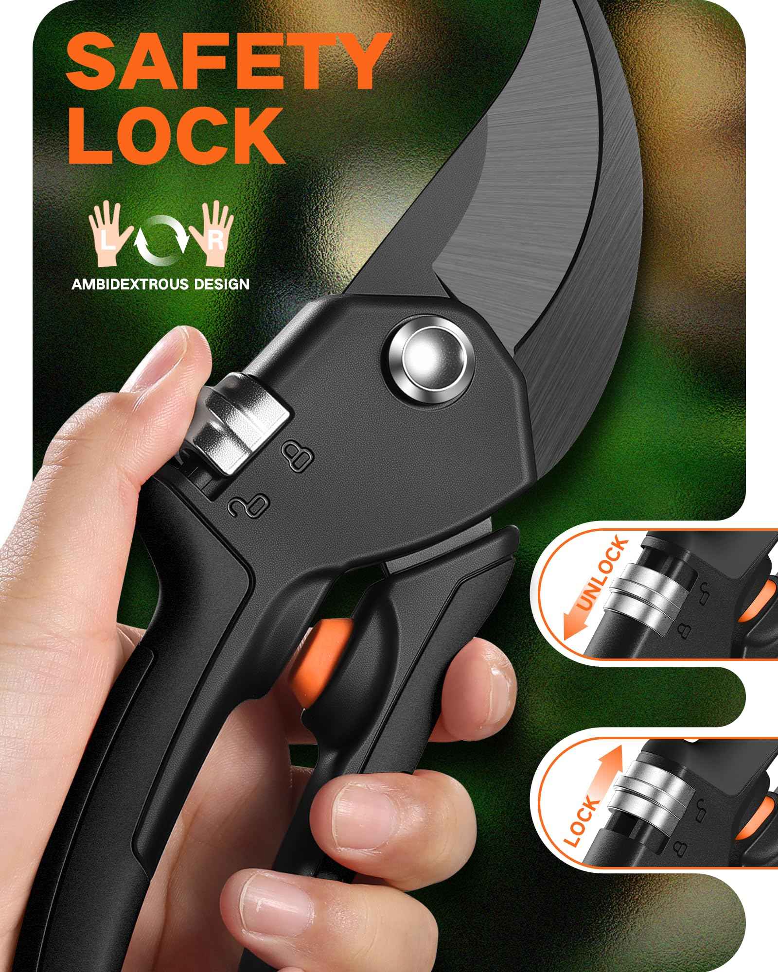 VOTREK 8.5" Pruning Shears for Gardening, 【Unique Stepless Handle Opening】Professional Bypass Garden Clipper for All Hands, SK5 Steel Blades, Heavy Duty Ergonomic Plant Pruners for Branch