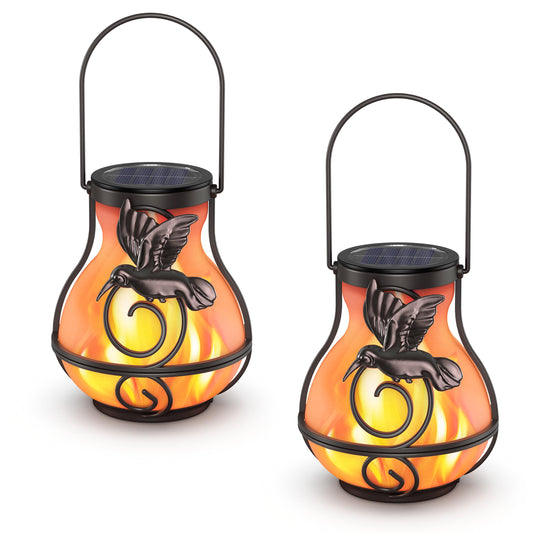 2 Pack Solar Lanterns Outdoor Waterproof, Hanging Hummingbird Flickering Flame Light Garden Decor Hanging Lights Decorative for Outside Patio Pathway Yard Christmas Birthday Gifts
