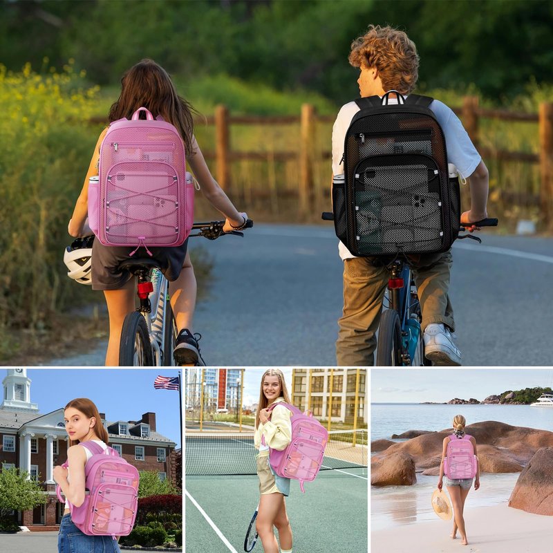 XOAOKO Mesh Backpack Heavy Duty See Through bookbag for College, Transparent Backpack for Beach, Swimming, Sports, Travel-Pink