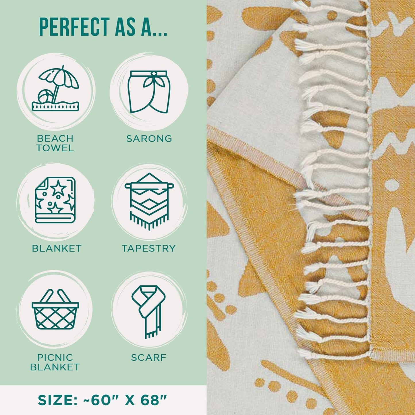 Sand Cloud Large Turkish Beach Towel - Quick-Dry, Sand-Free, 100% Organic Cotton - Boho Honey XL Design