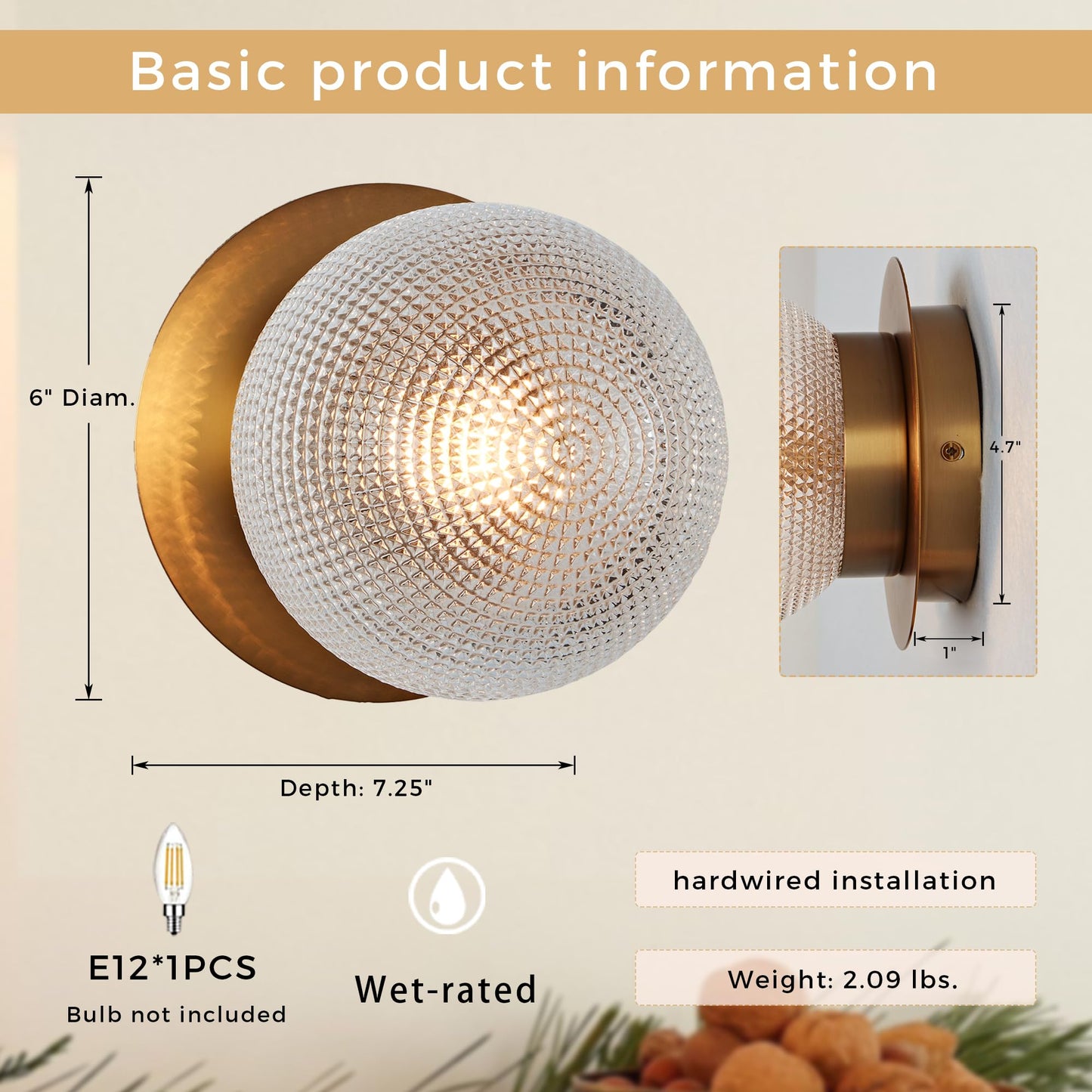 Antique Brass Globe Glass Prismatic Wall Sconce, Elegant Textured 6 Inch Dia Wall Mount Light, Decorative Wall Fixture for Entryway, Hallway, Bedroom, Living Room