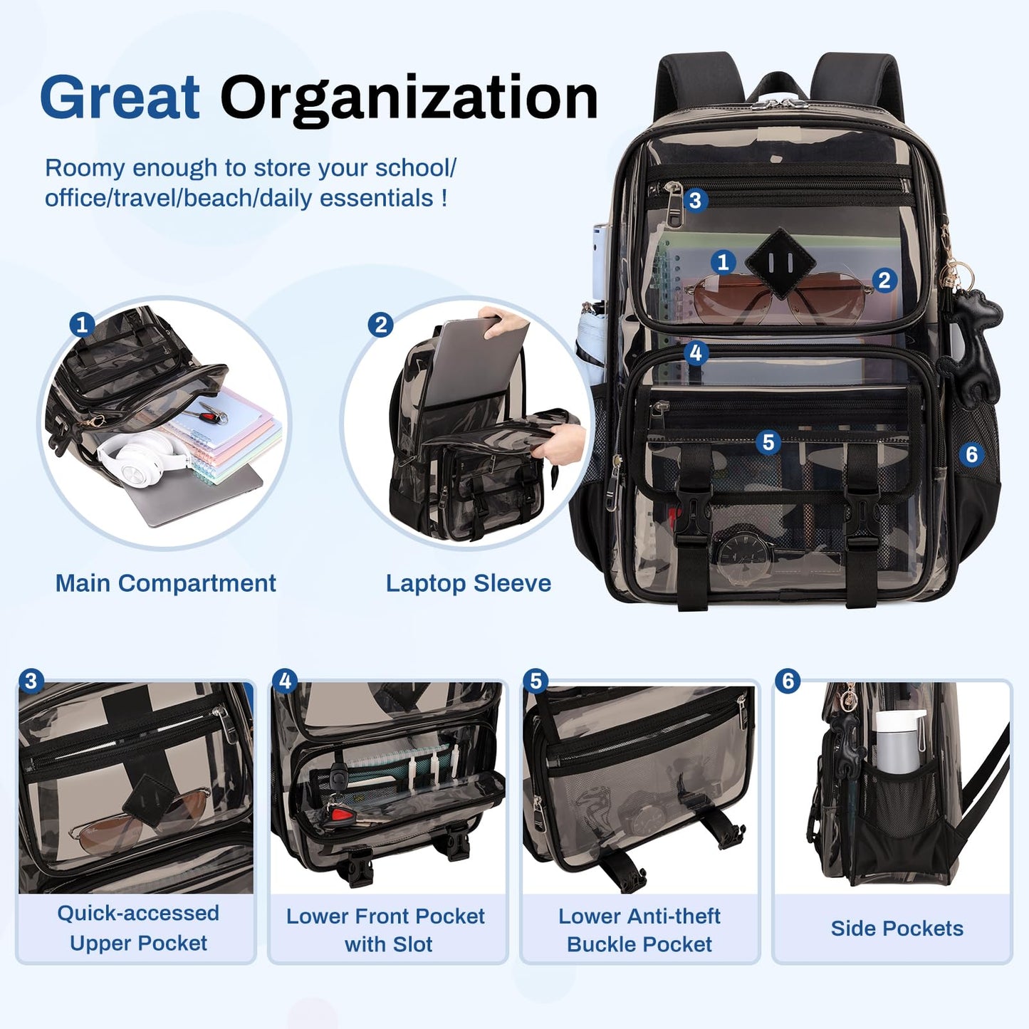 Clear Backpack for School, PVC Clear Bookbag Heavy Duty Transparent Backpack for Stadium Events Multiple Pockets See Through Bag for Teens Students Women Men with Leather Pendant, Semi Black