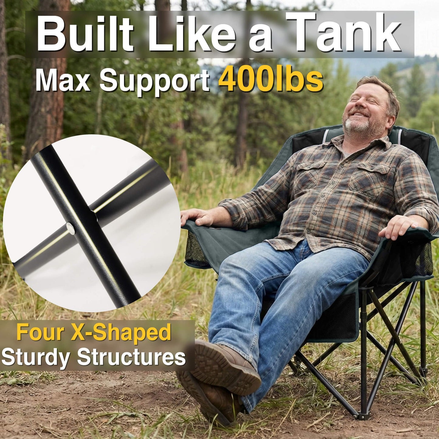 Oversized Camping Chair for Adults - Heavy Duty 400 lbs Padded Folding Chair with Wine Glass Holder, 2 Cup Holders & Side Pockets, Portable Carry Bag for RV, Tailgating, Lawn