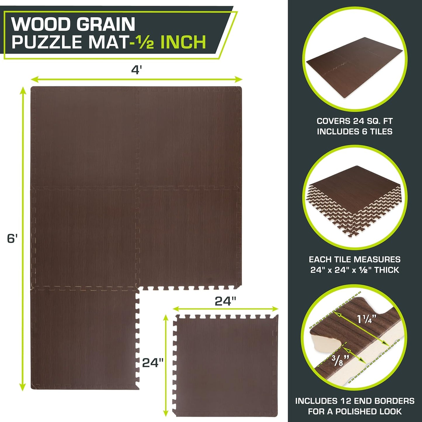 ProsourceFit Puzzle Mat - ½-Inch Wood Grain EVA Foam Interlocking Tiles | 24 Sq Ft Indoor Workout Flooring