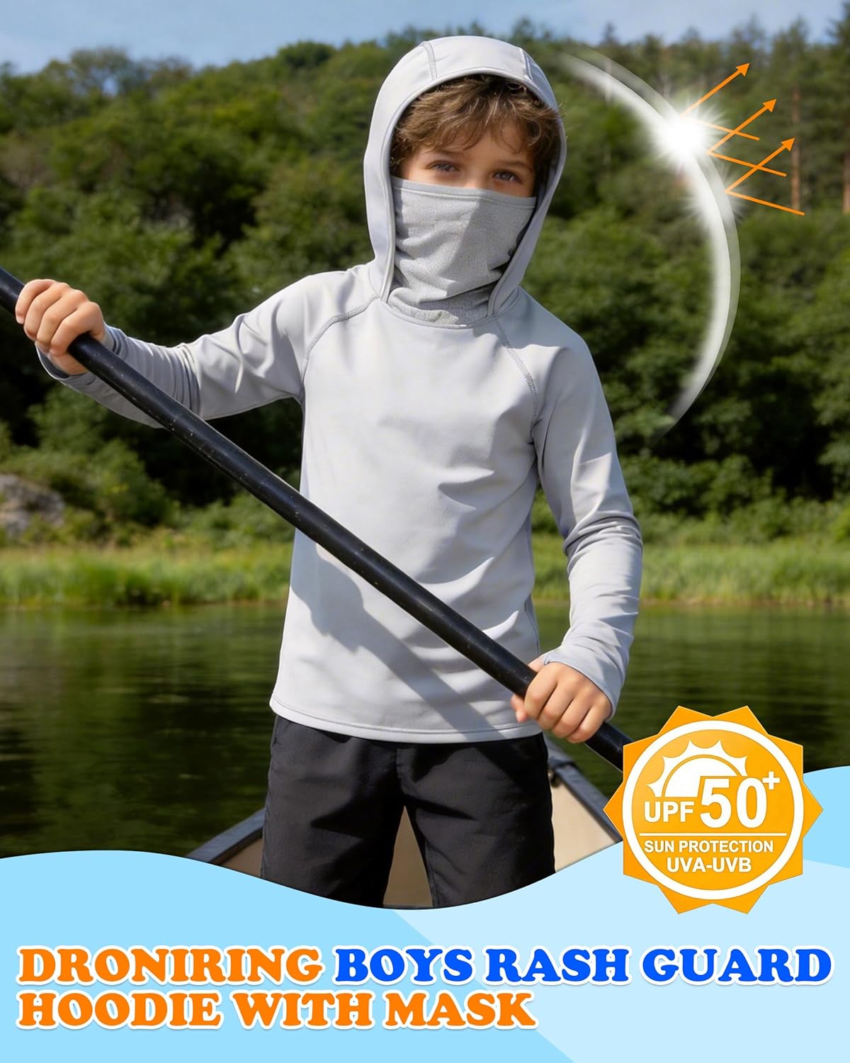 Skiennix Boys Hooded Fishing Shirt - Kids UPF 50+ Long Sleeve Rash Guard Hoodie | Sun Protection Swimwear