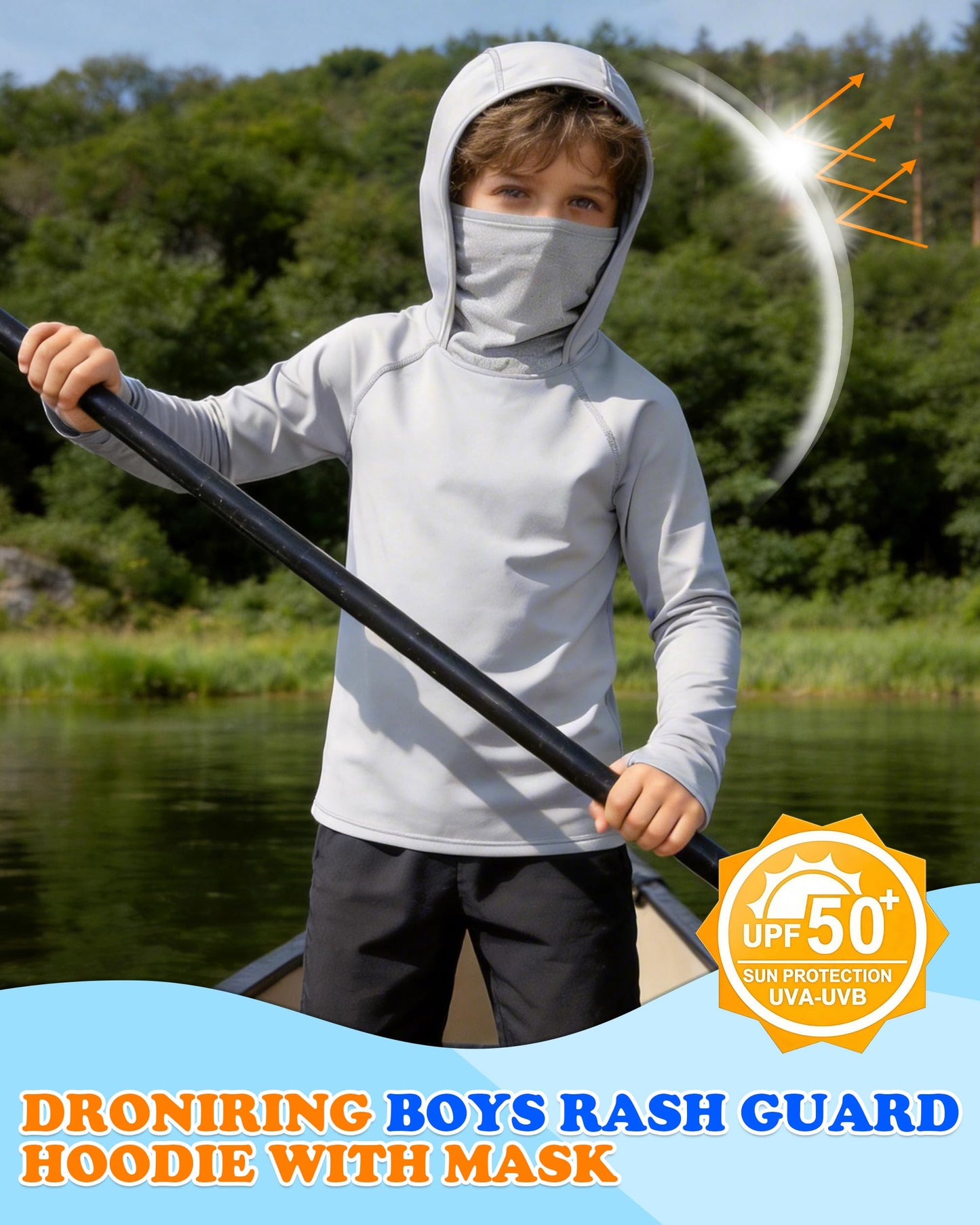 DRONIRING Boys Hooded Fishing Shirt with Mask, Kids UPF 50+ Long Sleeve Rash Guard Hoodie, Sun Protection Beach Swim Shirts White