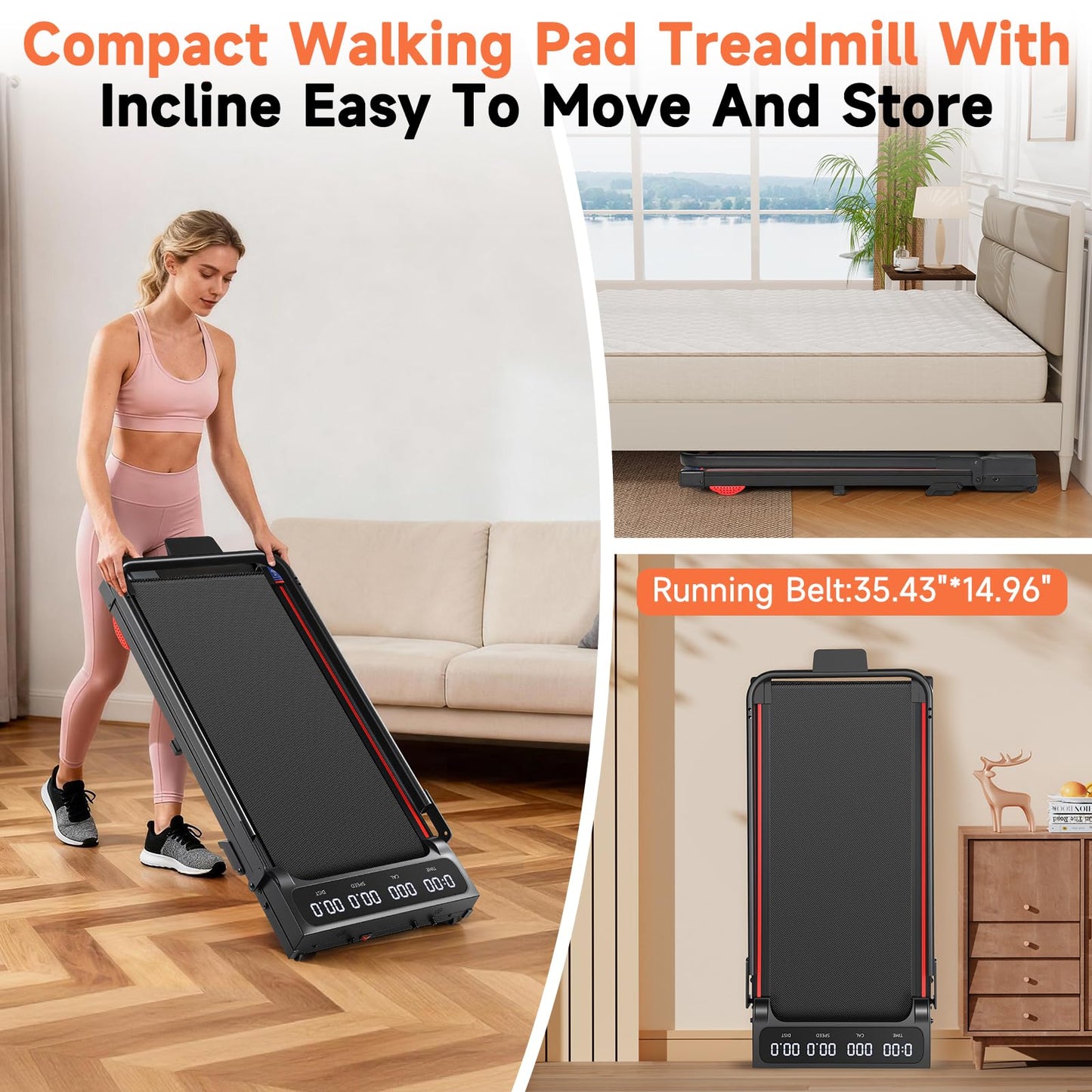 3-in-1 Walking Pad with Handle Bar, 9% Incline Portable Treadmills for Home Small Space,Under Desk Treadmill with 300lbs Capacity, Compact Designed with LED Screen Display,Remote Control