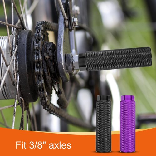 HARFINGTON 2 Pairs Bike Pegs Aluminum Alloy Rear Stunt Pegs Anti-Skid Back Seat Stands Fit 3/8" Axles for Mountain Bike, Black & Purple
