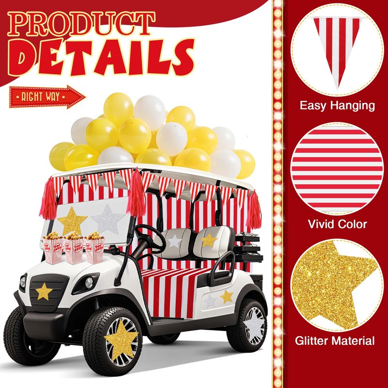 Suncalla 85 Pcs Halloween Carnival Golf Cart Decorations Red and White Stripes Backdrop Tassels Banner Flags Ballons Popcorn Boxes Glitter Star Cutouts for Golf Cart Party Supplies Decor