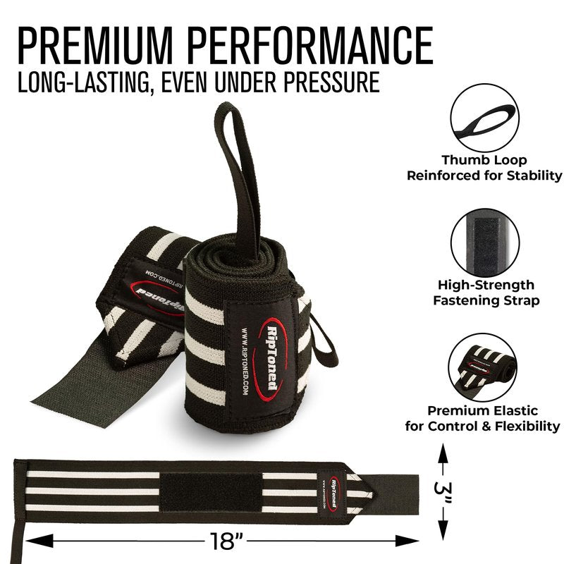 Rip Toned Wrist Wraps for Weightlifting – USPA & USAPL Approved 18" Wrist Straps for Powerlifting – Adjustable, Durable Gym Wraps with Thumb Loop – Maximum Support for Men & Women – Black-White Stiff