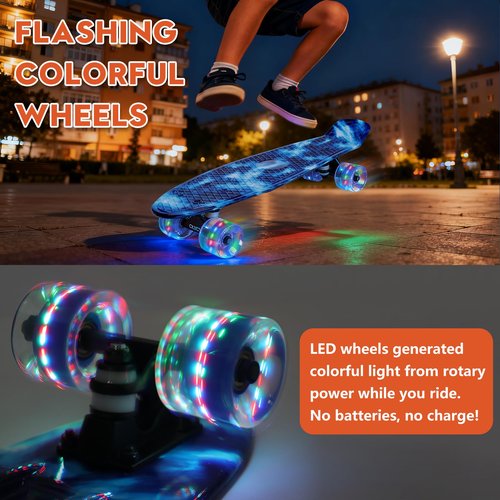 CLYCTIP Skateboard,22 inch Complete Mini Cruiser Board with Colorful Flashing Wheels and ABEC-11 Bearings for Kids,Boys,Girls,Beginners (Blue)