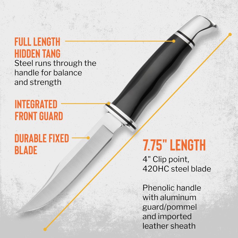 Buck Knives 102 Woodsman Hunting Knife, 4" Fixed Blade, Full Tang Design, Phenolic Handle, 420HC Stainless Steel Clip Point Blade, Sheath Included, Knife Made in the USA, Black, 2.6 oz