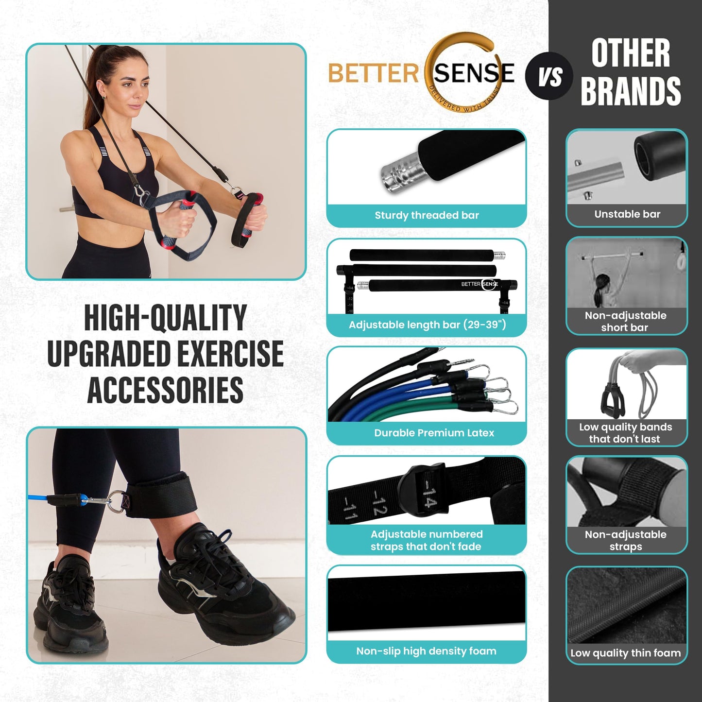 Pilates Bar Kit with Resistance Bands – Adjustable 39” Steel Bar & 6 Stackable Bands (40-180lbs), Full Body Pilates Kit for Home Workouts for Women & Men, Portable Pilates Reformer Strength Training