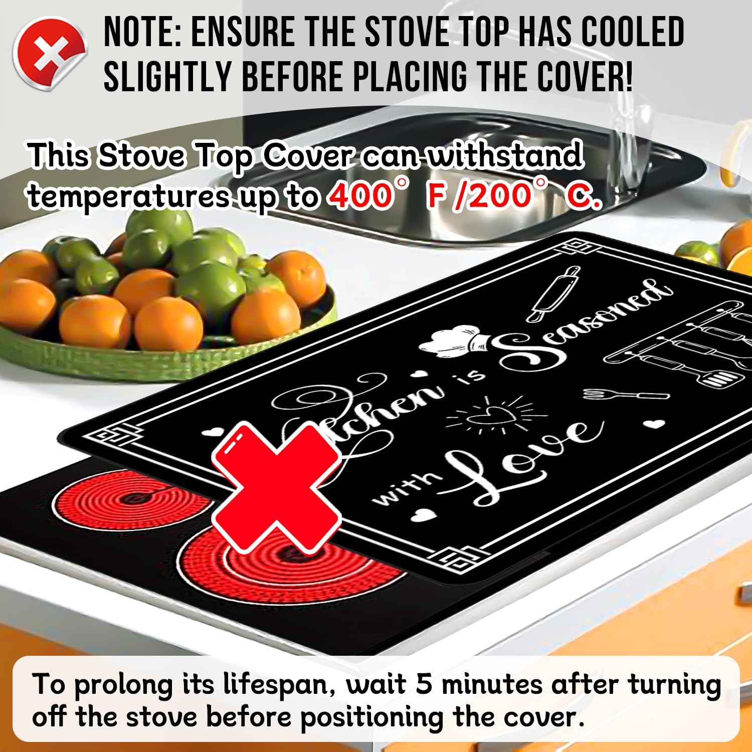 Black Stove Cover, Kitchen is Seasoned with Love Heat Resistant Glass Top Stove Cover Protector 28x20 inch, Cooktop Cover for Kitchen, Ceramic Stove Top Dish Drying Mats