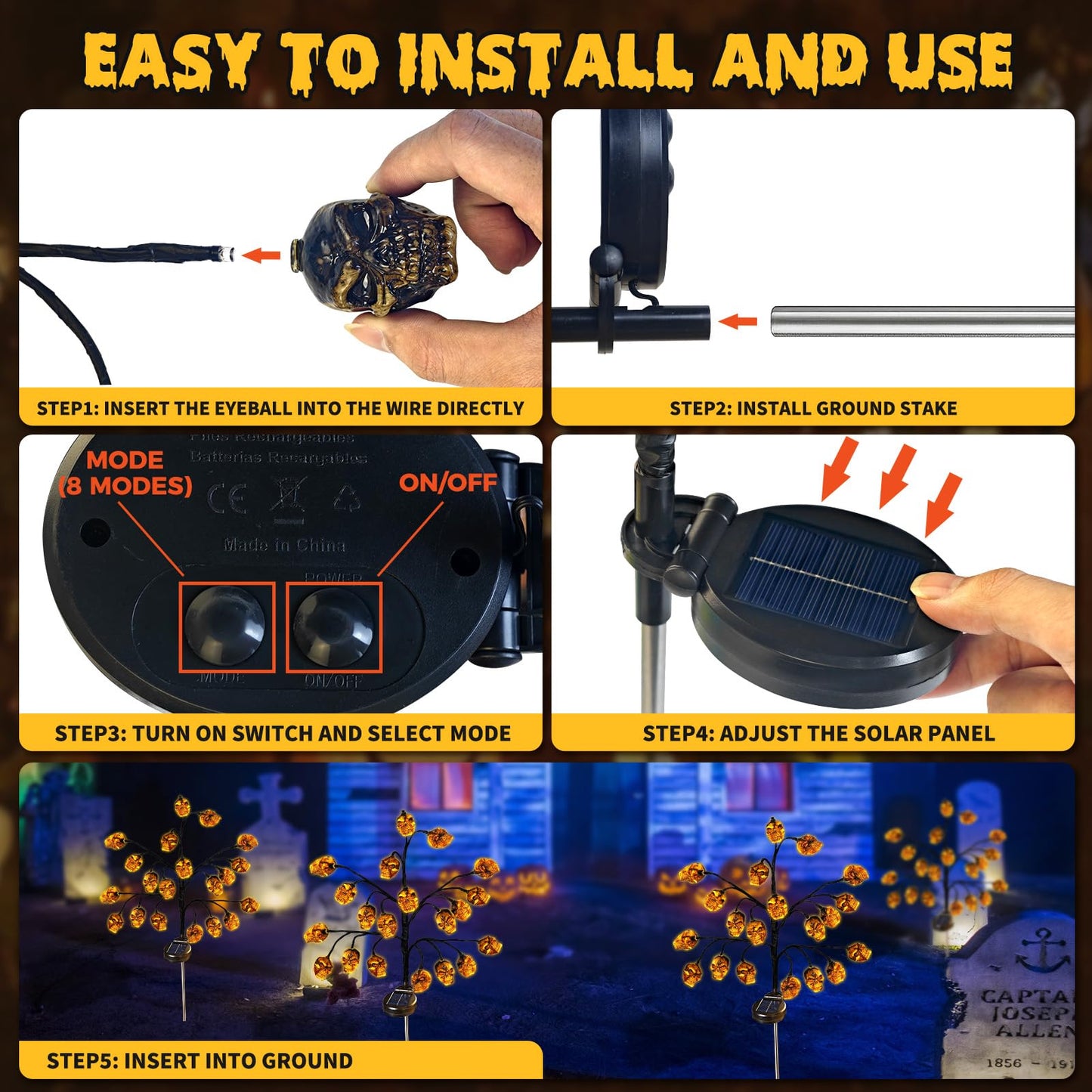 Evoio Halloween Outdoor Decorations Solar Lights - 8 Modes | 20 LED Skull Lights for Outside Halloween Decor, Skeleton Skull Lighting Stake for Garden, Patio, Yard, Lawn, Proch, Pathway Decorations