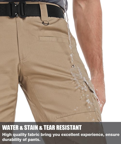 Zoofly Mens Work Pants with Pockets Water Resistant Cargo Pants for Men Elastic Waist Climbing Hiking Pants Ripstop Khaki 34W*30L