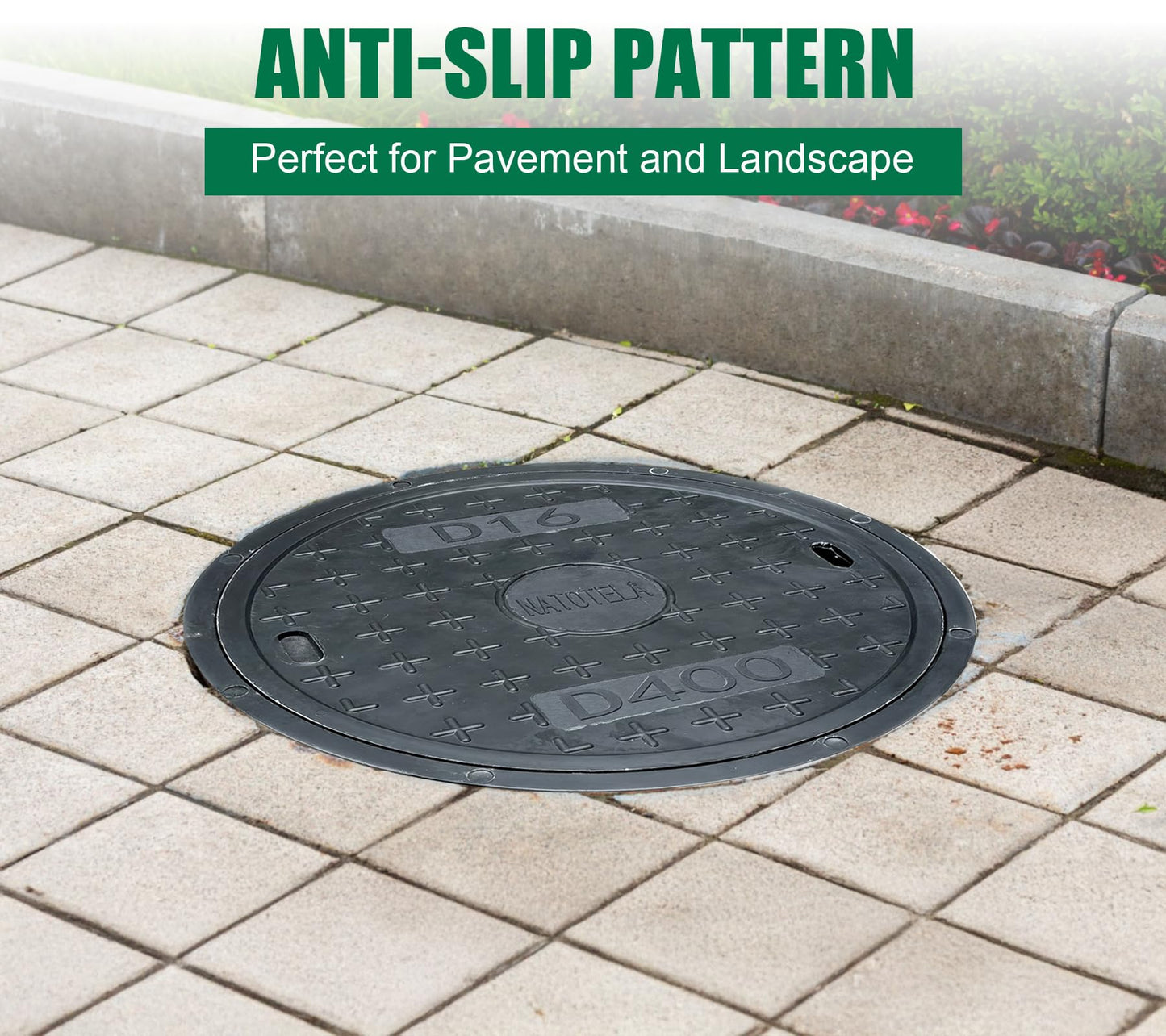 Natotela 16in Round Manhole Cover and Frame, Fiberglass Recessed Solid Top Cover with Base Size 18.5in,14in Clear Opening,Septic Tank Cover and Base for yard, Non-slip Reinforced Sewage Basin Cover