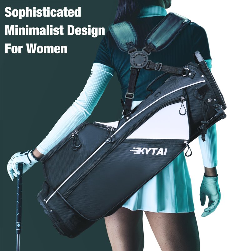 KYTAI Lightweight 7 Way Divider Golf Stand Bag for Men/Women- Dual Straps, Stable Stand, Multiple Pockets, Rain Hood & Towel Ring (Black/White)