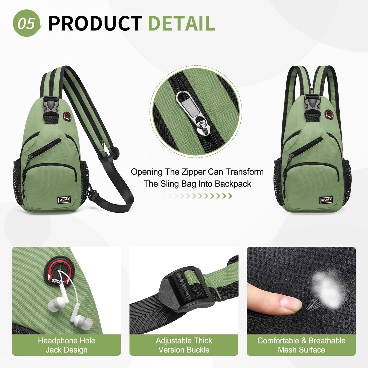 SUIKIHUM Convertible Sling Bags for Women Men, Lightweight Crossbody Backpack Daypack Fit for 11" Tablet for Casual Travel Sport Hiking (Green)