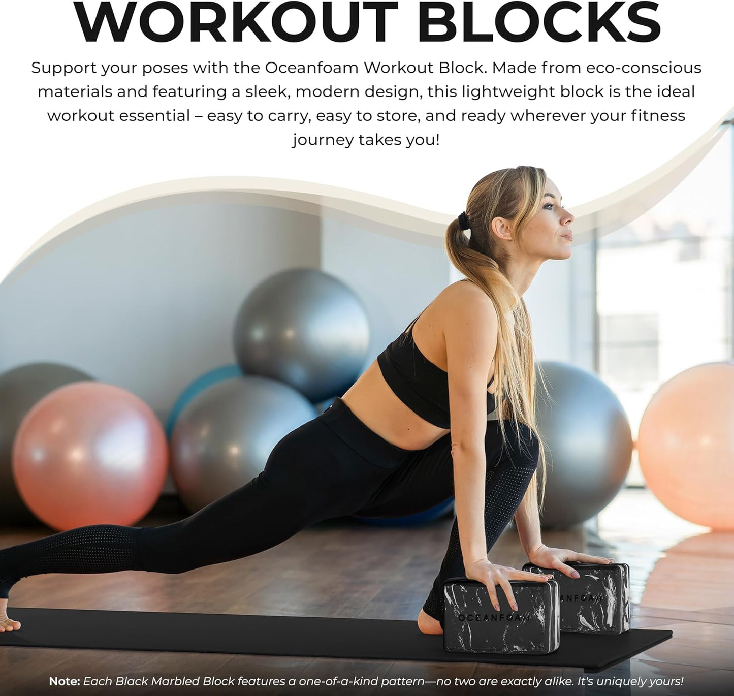Oceanfoam Workout Block - High-Density Non-Slip Exercise Block for Yoga & Pilates | Lightweight Algae-Based EVA Foam, 9"x6"x4" (Black)