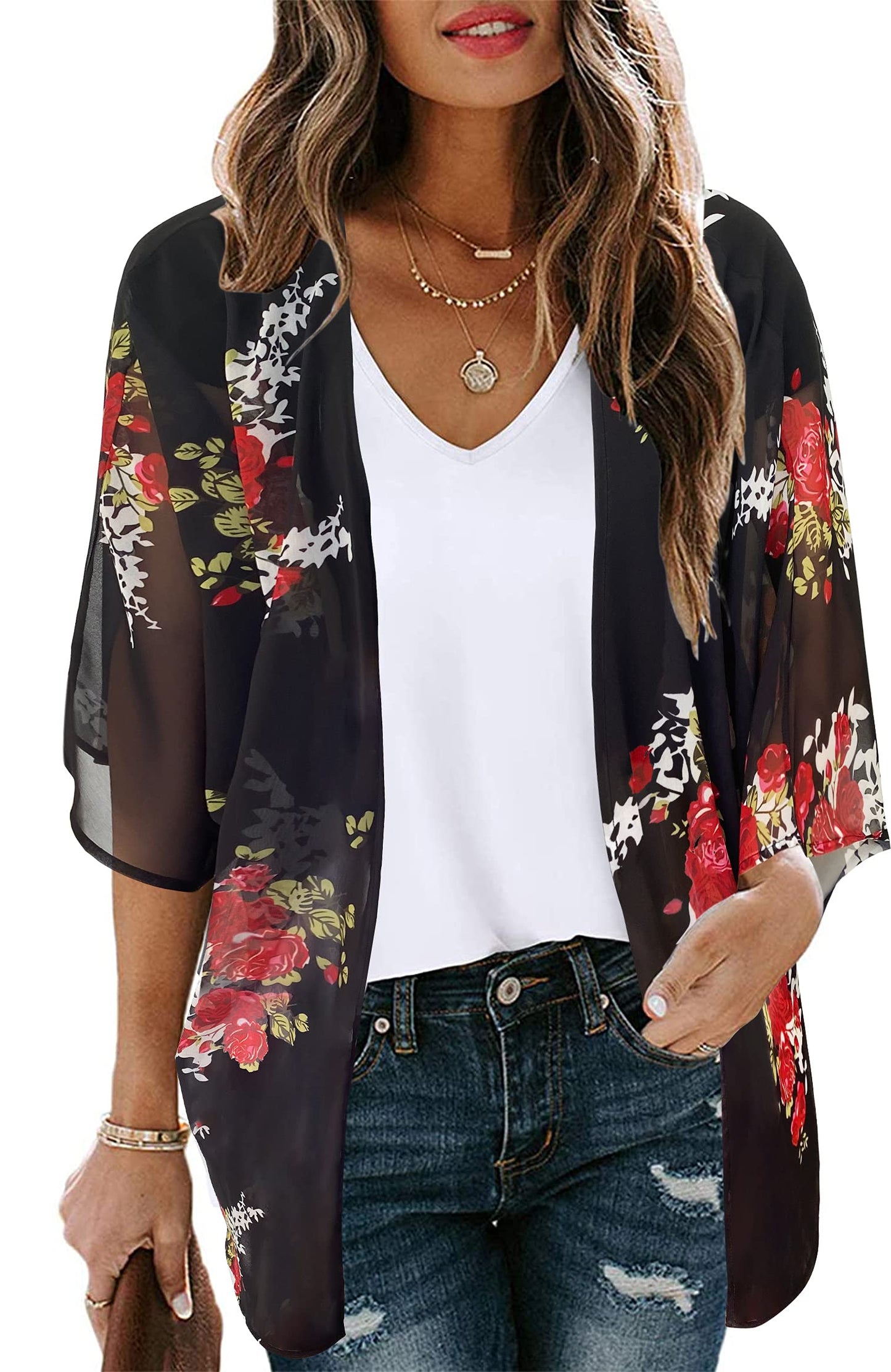 Women's Kimono Floral Cardigan Print Puff Cover Up Casual Blouse Summer Tops (Colorful Gilt, XL)