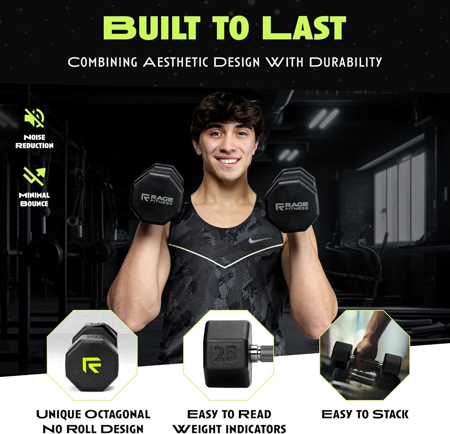 Rubber Coated Dumbbells - No Roll Design with Easy-Grip Steel Handle | Ideal for Home Gym - 10-60 LBS Available Individually