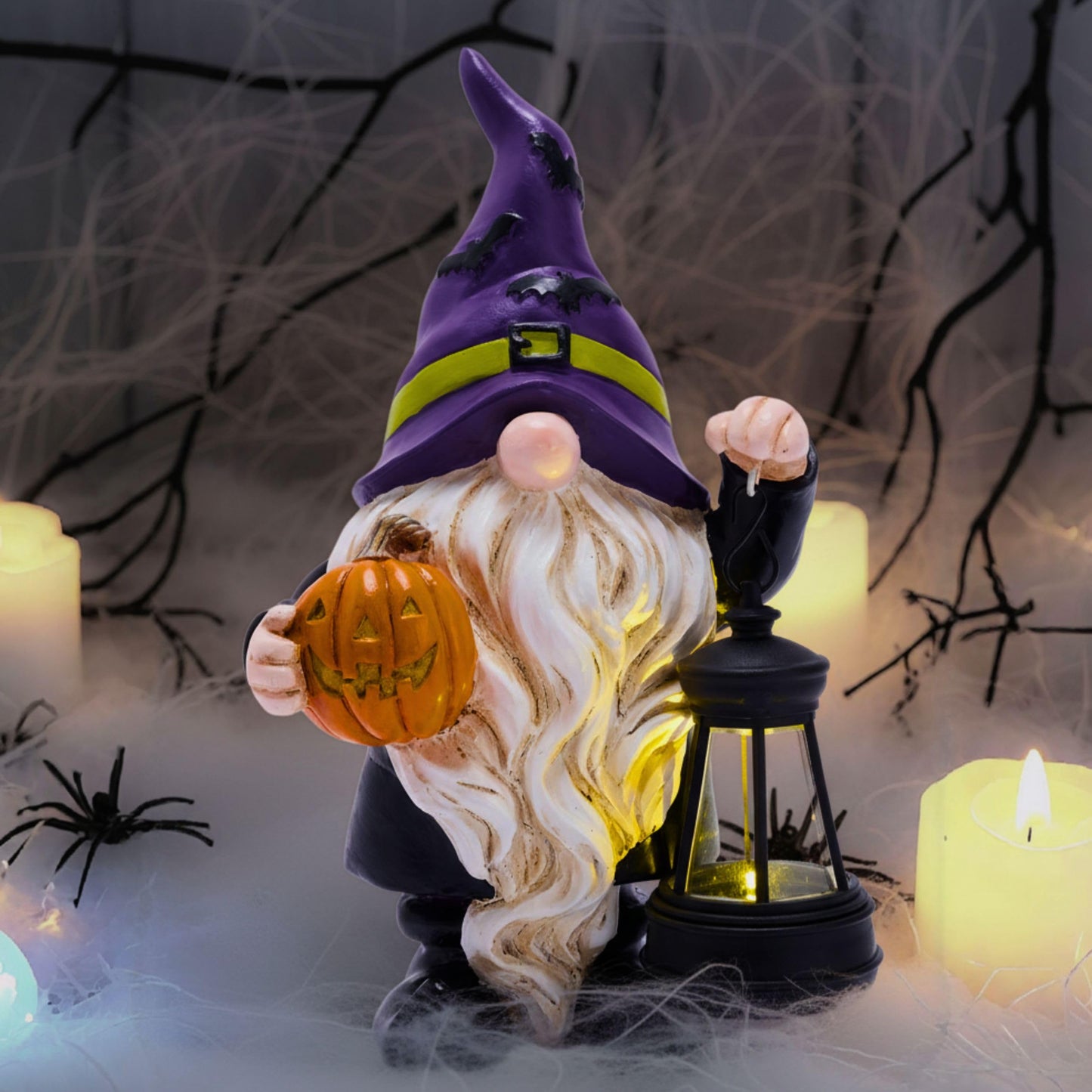 TERESA'S COLLECTIONS Halloween Decorations Garden Gnomes Statues with Solar Lights,Cute Purple Bat Hat Resin Decor with Lantern for Home,Table,Outdoor,Yard,Pumpkin Jack-o-Lanterns,Gifts for Party,8"