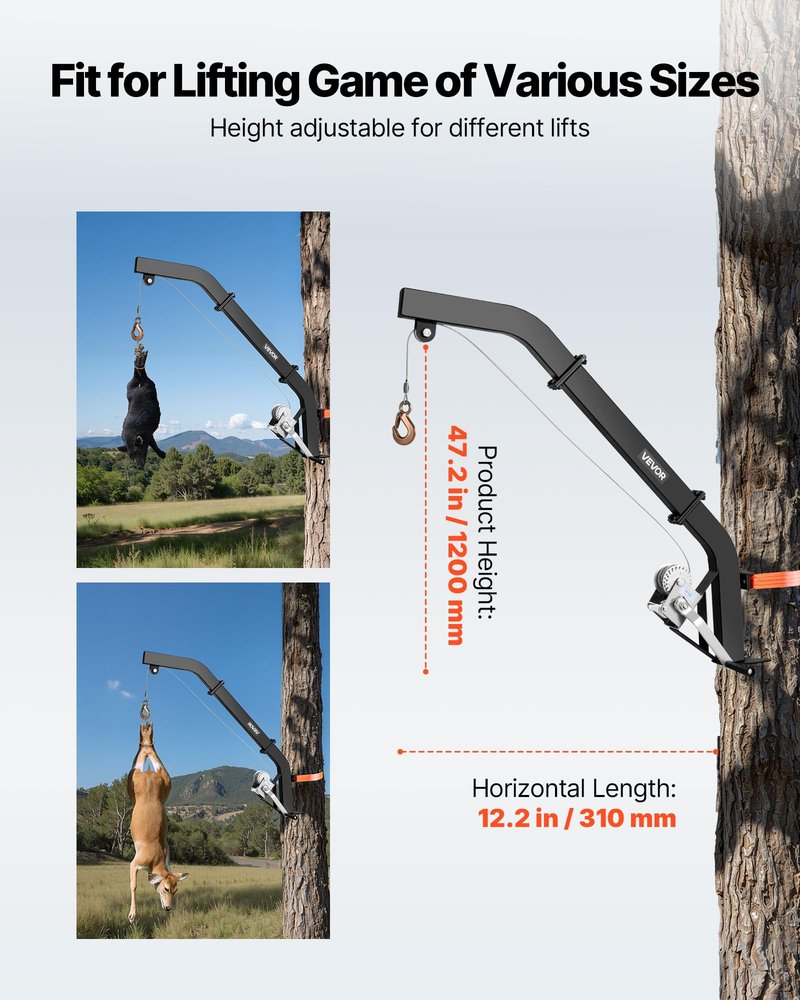 VEVOR Tree Mounted Deer Hoist, 353 lbs Load Capacity, Hunting Game Hoist Winch Lift with Ratchet Strap, Heavy Duty Deer Hanger for Skinning, Cleaning, Hanging Feed, and Field Dressing, Black