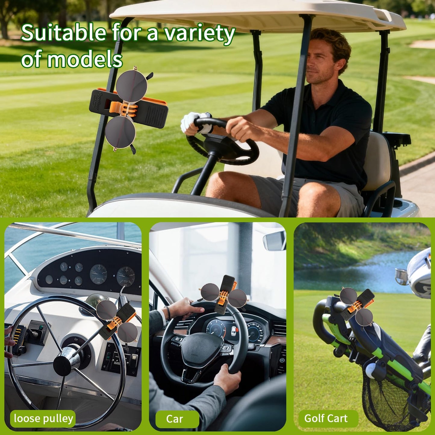 Loxnzify Golf Cart Phone Holder Mount-360° Rotation,Ultra-Stable Grip for All Phones, No Metal Needed,Includes Sunglasses Holder for Golf Cart,Perfect for Outdoor Sports (Black＆Orang)