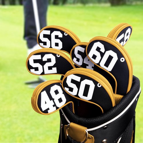 Andux 7Pack Golf Wedge Irons Club Head Covers Degree NO. on Both Sides Long Neck with Zipper Black/Yellow