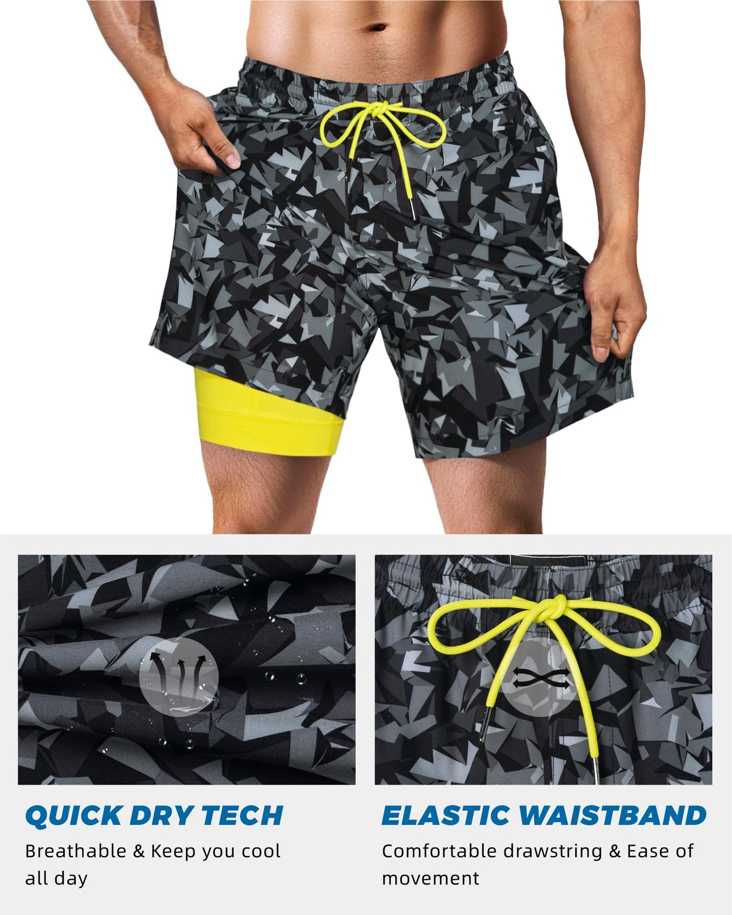 SURF CUZ Mens Swim Trunks with Compression Liner Quick Dry Swim Shorts 7" Swimming Trunks Stretch Zipper Pockets,Black Camouflage,M