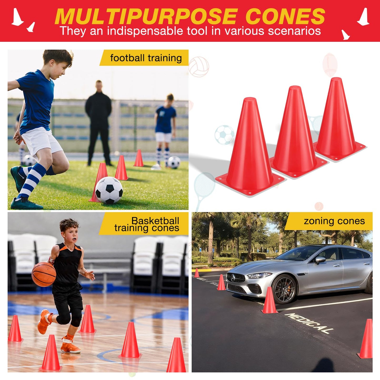 ZKNDRHJO 24pcs Cones 9 Inch Soccer Cones and Plastic Traffic Cones, Durable Cones for Sports Training, Ideal for Soccer, Basketball, Football, Skating, and Agility Drills Practice (24, red)