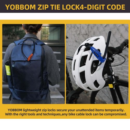 YOBBOM 4-Digit Combination Zip Tie Lock -Stainless Steel Cable Bike Lock with resettable Combination secures Helmets, skis, Strollers, Luggage, Kitchen cabinets, French Doors and More (Blue)