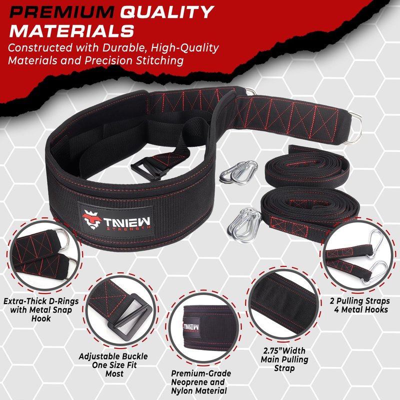 Sled Pulling Belt with Adjustable Closure, 2 Sled Pulling Straps & 4 Hooks – Ideal for Resistance Training, Strength, Agility, and Multi-Directional Pulling (Back, Front, Sides)