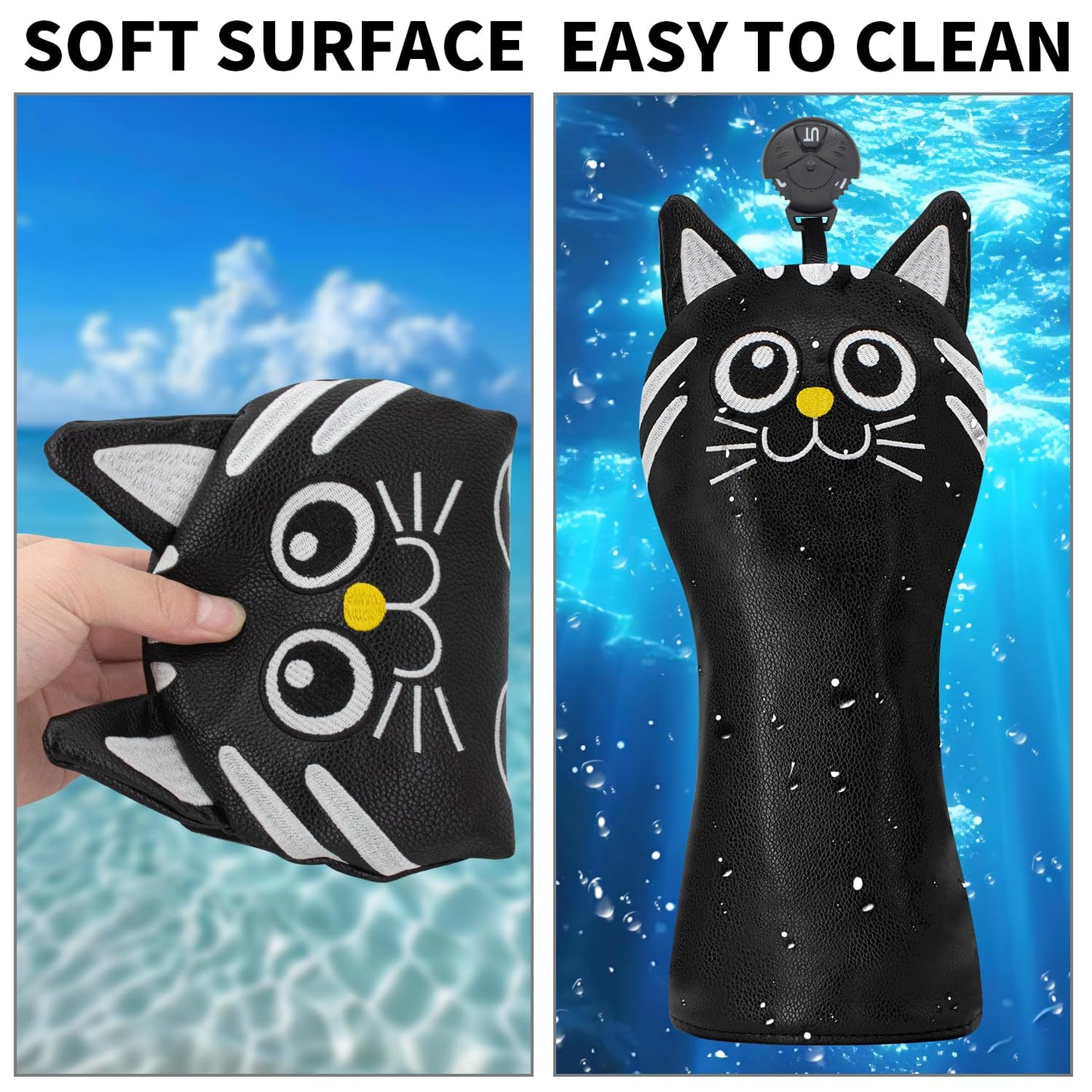 Golf Kitty Head Cover Golf Club Black Leather Headcovers Set Fits Driver Fairway Wood Hybrid Utility Putter Iron Wedge Headcover.
