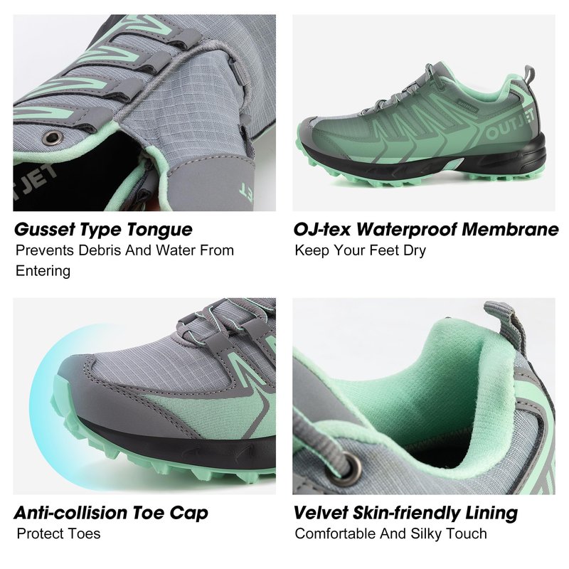 OUTJET Women's Waterproof Hiking Shoes Lightweight Non-Slip Trails Walking Shoes Outdoor Sneakers Green